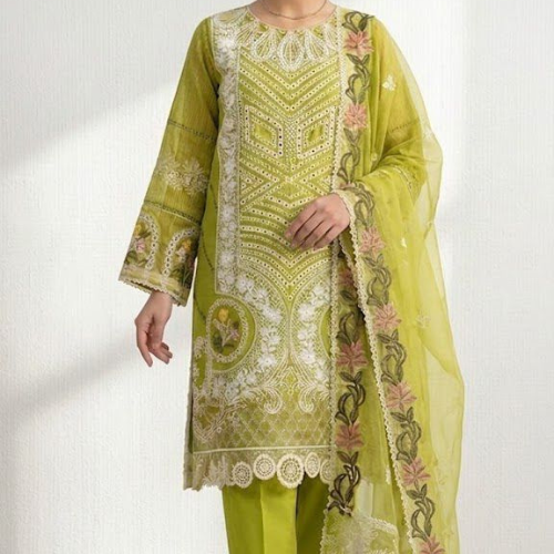 Riwaaje Luxury Pistachio Green Embroidered 3 Piece Suit