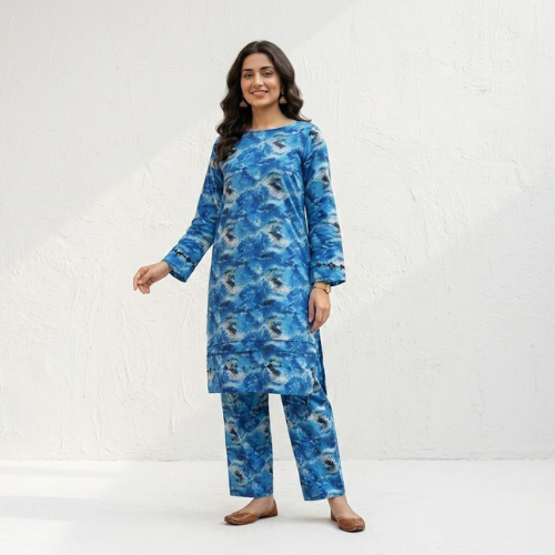Riwaaje Sapphire Blue Printed Ready To Wear 2 Piece Suit