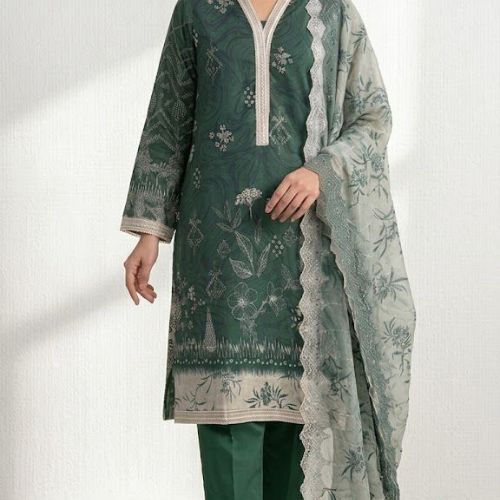 Riwaaje Elegant Dark Green Embroidered 3 Piece Lawn Suit With Printed Dupatta