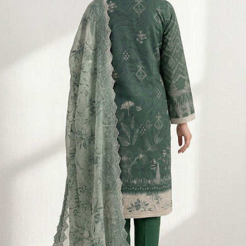 Riwaaje Elegant Dark Green Embroidered 3 Piece Lawn Suit With Printed Dupatta